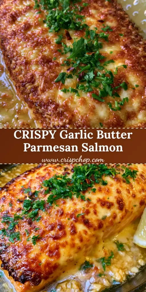Overhead view of a thick parmesan crusted baked salmon fillet in a cast iron skillet with garlic butter sauce, parsley, and a lemon wedge.