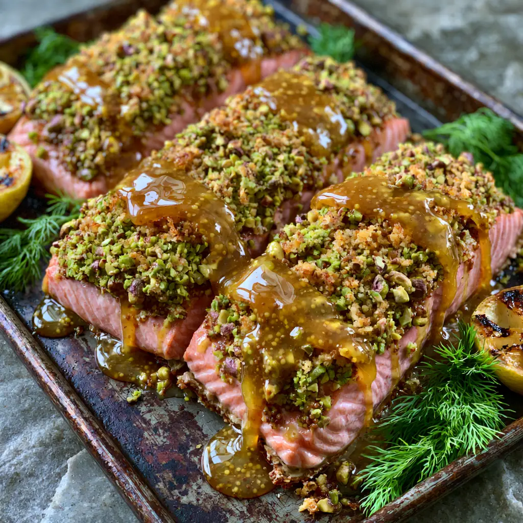 Extreme food detail of a pistachio crusted salmon fillet with charred lemon and dill sprigs.