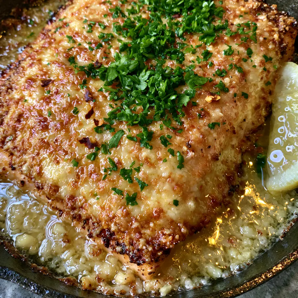 Overhead shot of Atlantic salmon in a cast iron skillet surrounded by shimmering garlic butter sauce and minced garlic.