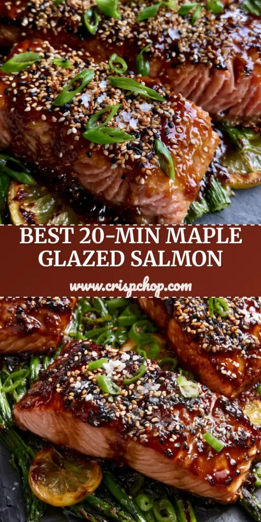 Maple Glazed Baked Salmon with Blistered Asparagus and Charred Lemon 4 A top-down view of three Maple Glazed Baked Salmon fillets on a slate sheet pan with charred lemon wheels and blistered asparagus, topped with sesame seeds and scallions.