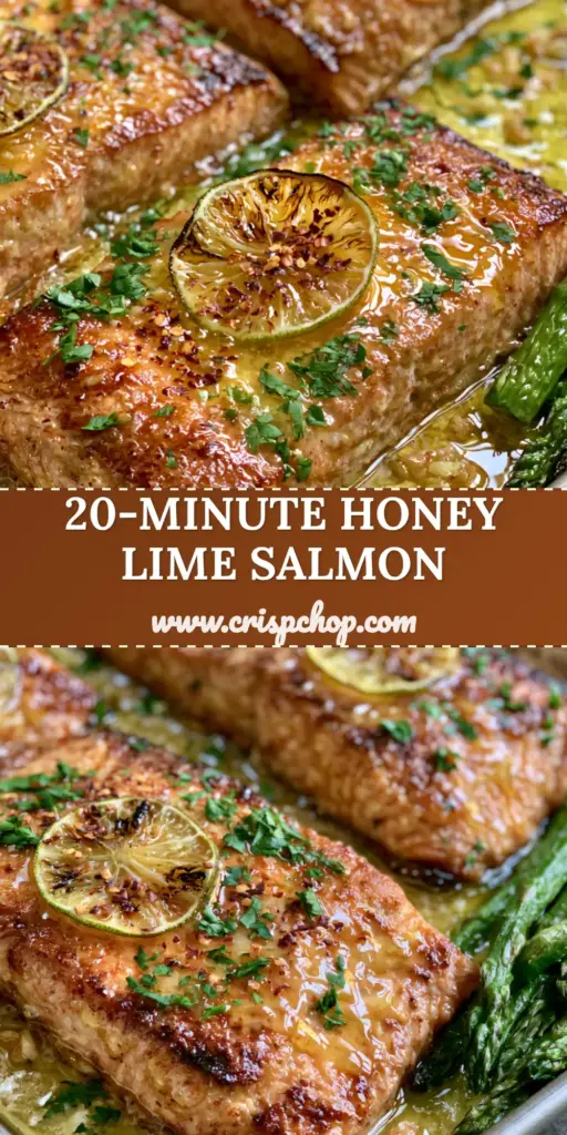 A sheet pan with three thick Honey-Lime Garlic Butter Baked Salmon fillets and charred asparagus. (Honey-Lime Garlic Butter Baked Salmon)