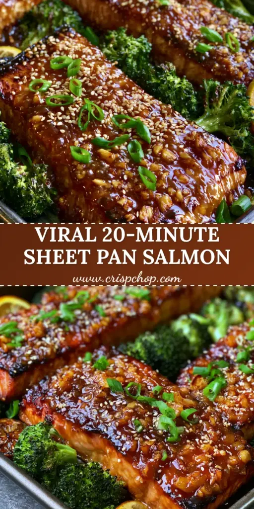 Close-up of Honey Garlic Baked Salmon fillets on a dark sheet pan with bubbling amber glaze, charred lemons, and roasted broccoli.