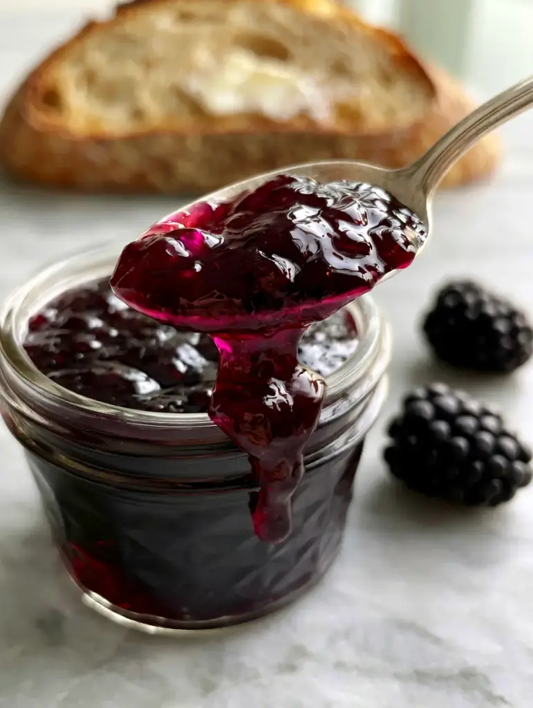 Slow motion drip of thick blackberry jam back into a clear glass jar with toasted sourdough in the background.