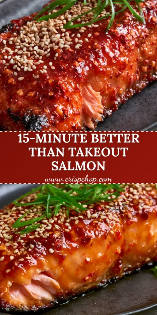 A close-up shot of Baked Sweet Chili Salmon on a matte black plate with sesame seeds and scallions.