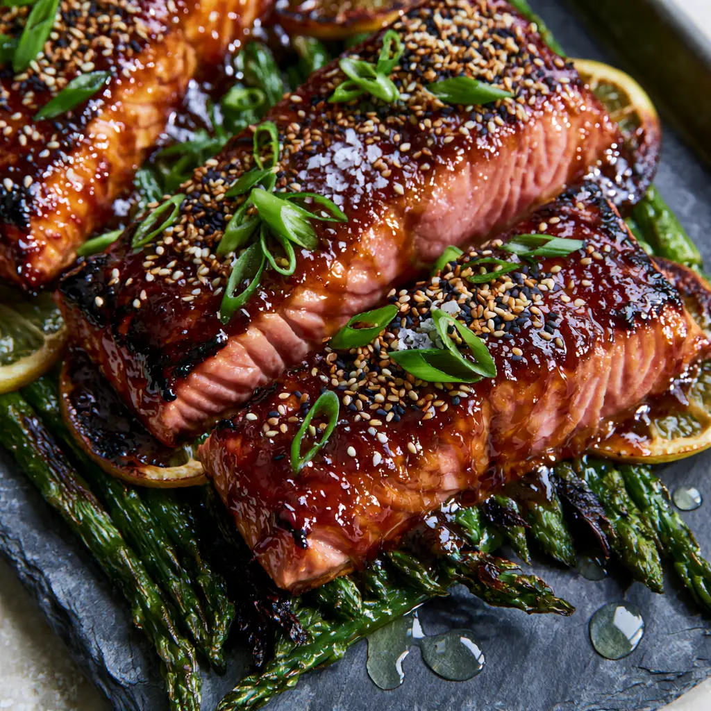 Maple Glazed Baked Salmon with Blistered Asparagus and Charred Lemon 2 Close-up of Maple Glazed Baked Salmon showing the thick viscous amber glaze, toasted sesame seeds, and charred lemon edges on a dark grey pan.
