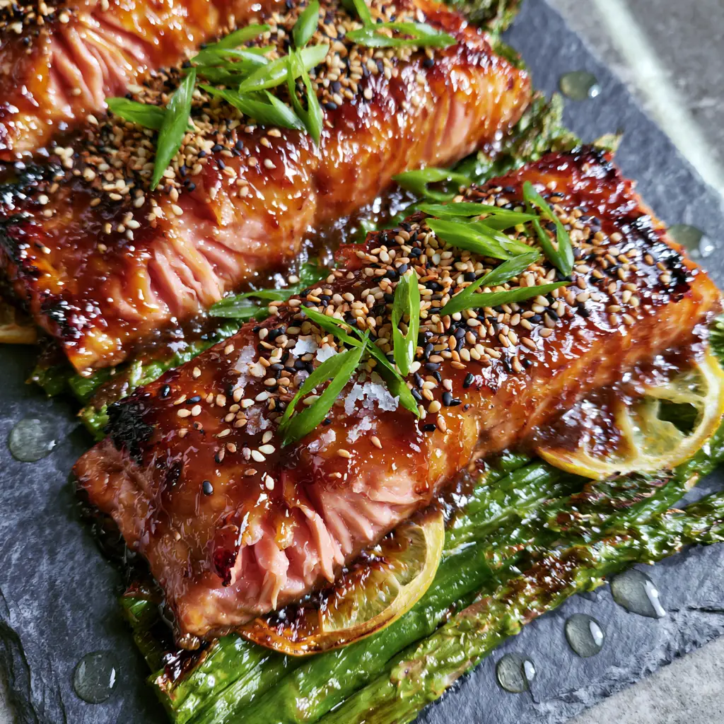 Maple Glazed Baked Salmon with Blistered Asparagus and Charred Lemon 1 Top-down view of a sheet pan featuring medium-rare salmon fillets with blistered asparagus and finely sliced scallions.