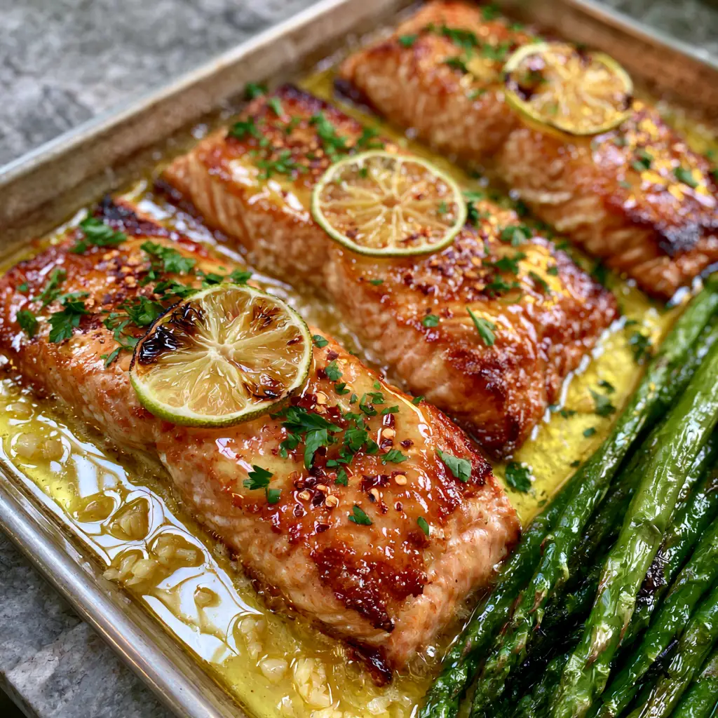 A top-down view of the sheet pan showing the honey-lime salmon with bubbling butter sauce and roasted asparagus. (Honey-Lime Garlic Butter Baked Salmon)