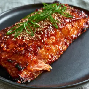 Extreme close-up of a succulent Atlantic salmon fillet with glowing red glaze and garlic bits. (Baked Sweet Chili Salmon)