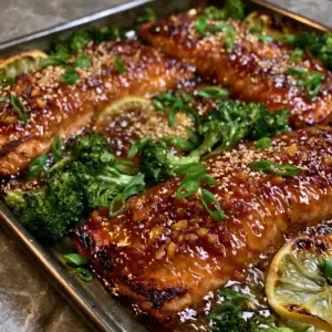 Extreme close-up of three thick Atlantic Honey Garlic Baked Salmon fillets with visible toasted garlic and sticky glaze.