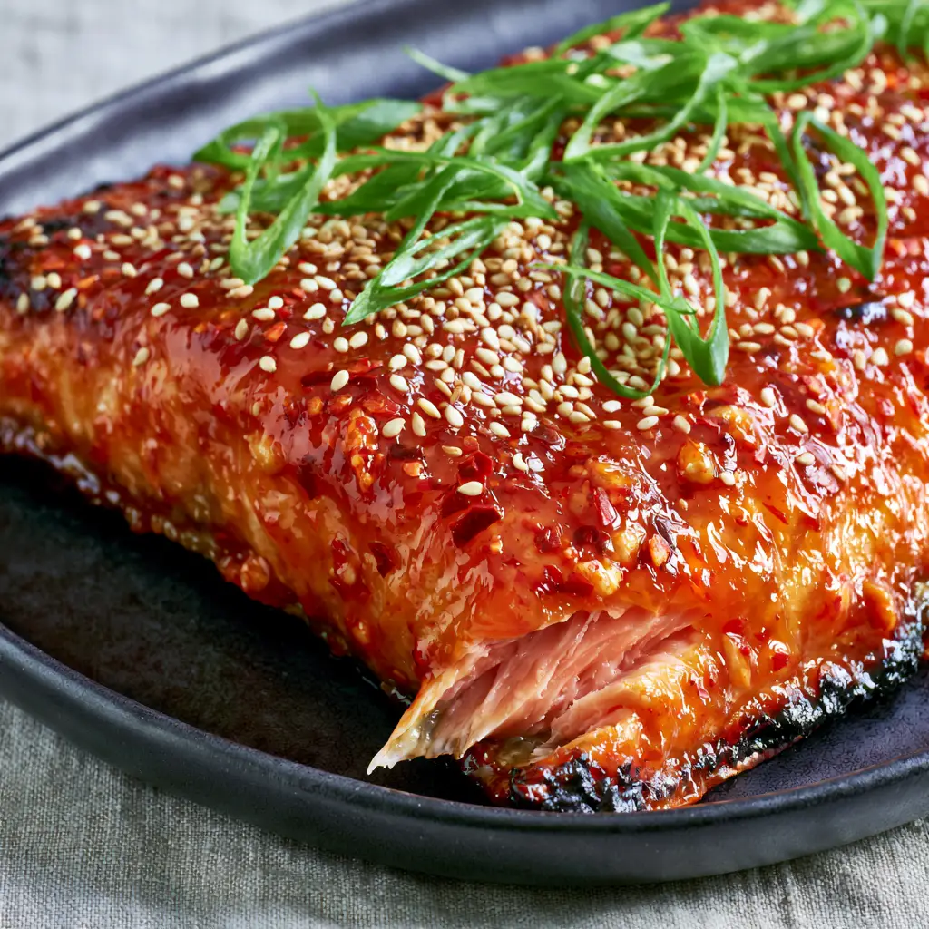 Close-up of caramelized charred edges on a Baked Sweet Chili Salmon fillet.