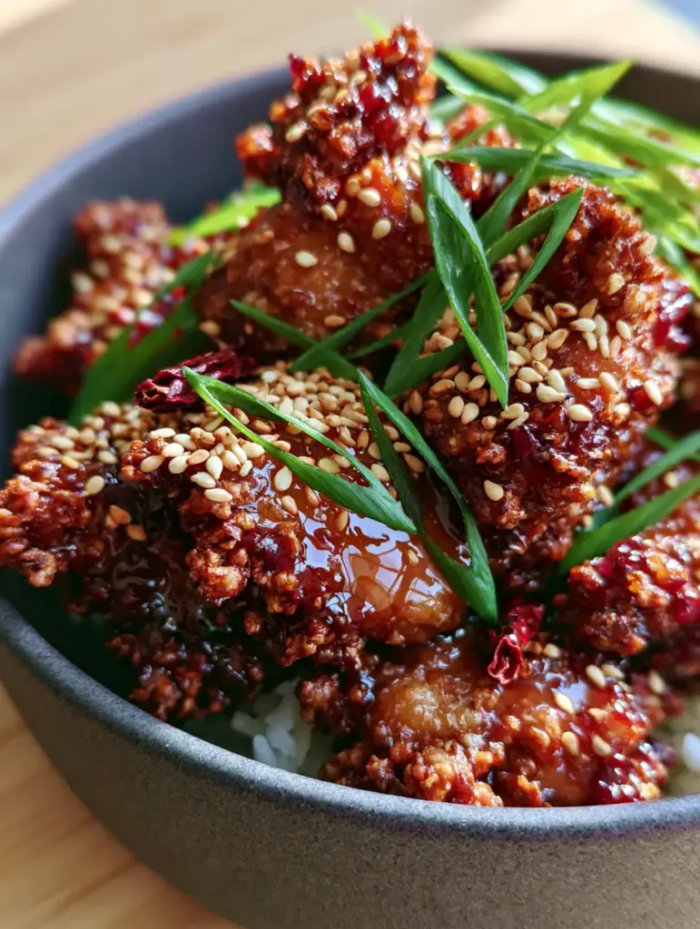 General Tso's chicken: The Ultimate Extra-Crispy Air Fryer Recipe 1 Handheld smartphone photo of General Tso's chicken garnished with vibrant emerald green onions and dried red chilis.