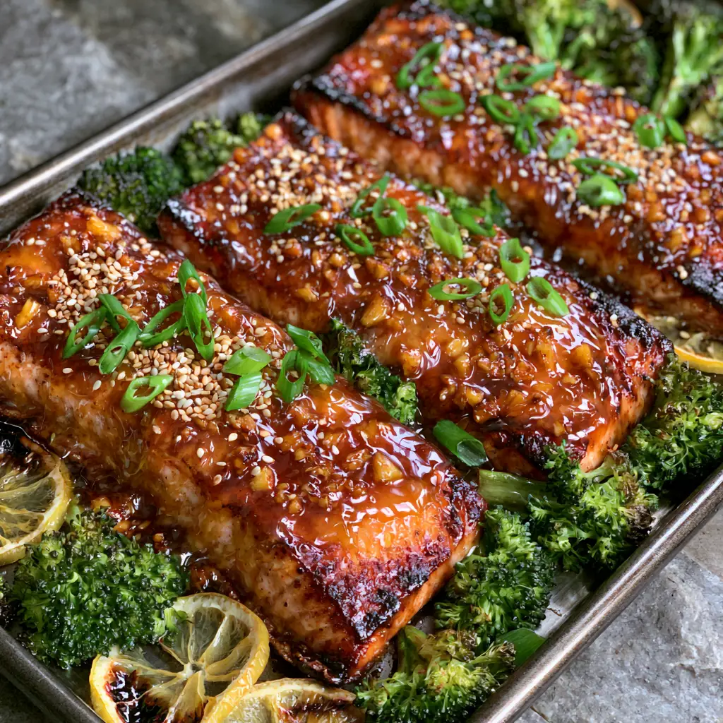 Roasted broccoli and charred lemon slices surrounding Honey Garlic Baked Salmon on a dark metallic pan.