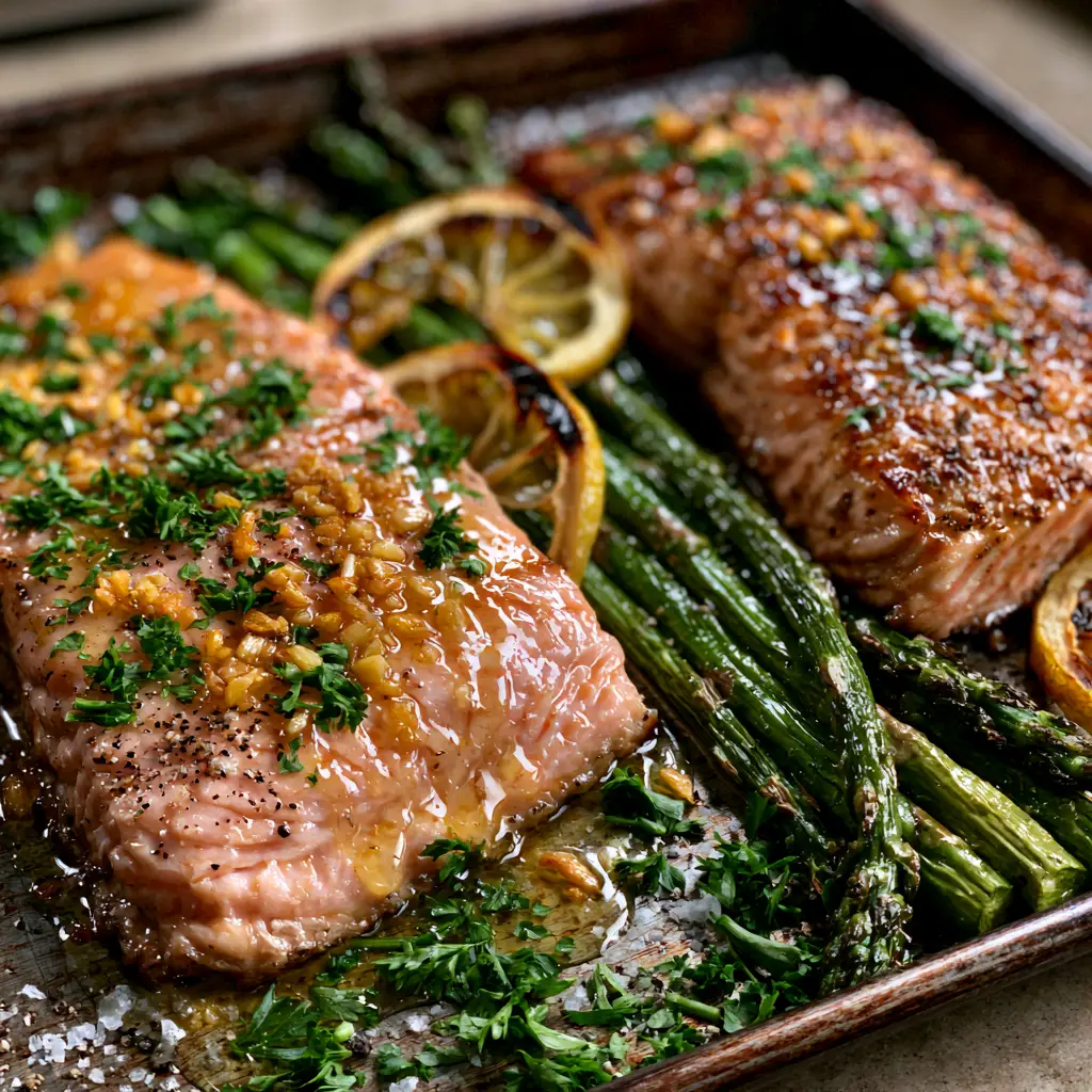 Handheld smartphone photo of baked salmon and asparagus with charred lemon slices and fresh parsley garnish.
