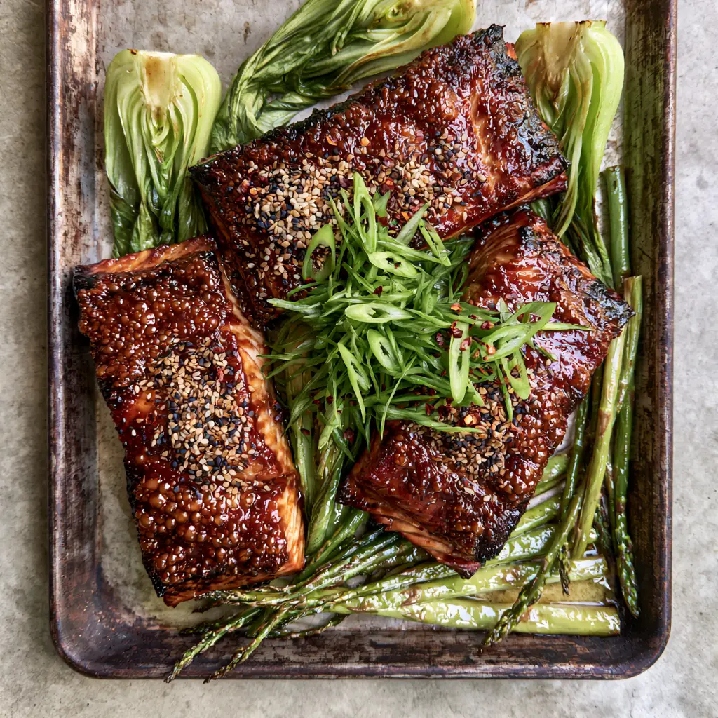 Close-up of roasted asparagus and charred baby bok choy next to a miso-glazed salmon fillet. (baked miso salmon)