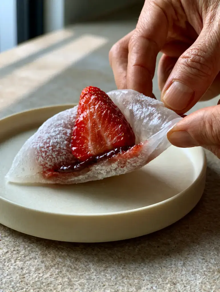 Matte finished Mochi resting on a cream ceramic plate with a natural stone background.