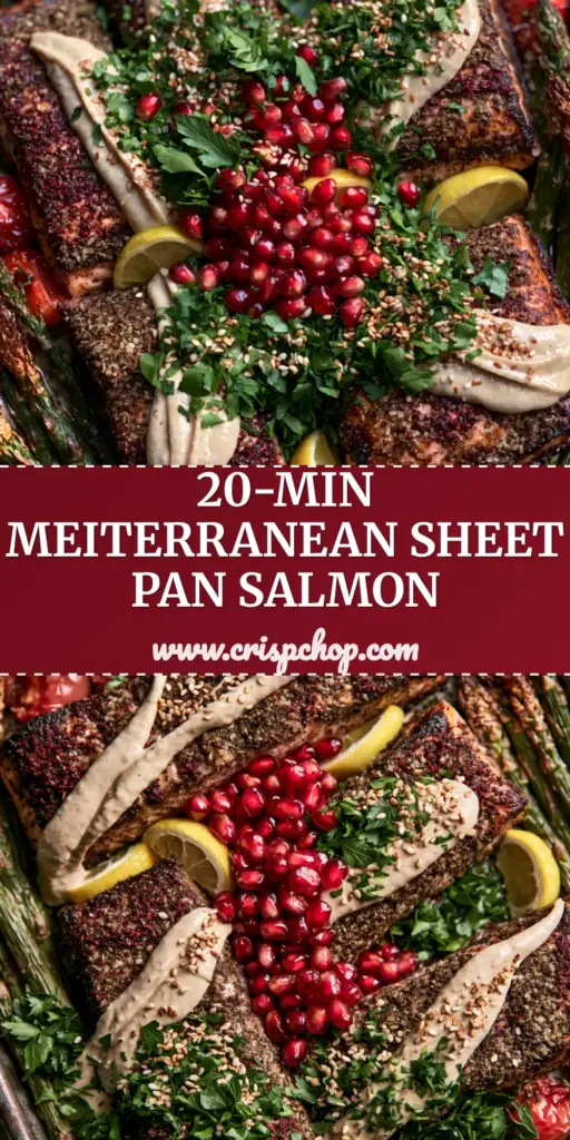 Overhead shot of Middle Eastern Baked Salmon on a dark sheet pan with tahini drizzle, pomegranate arils, and roasted asparagus.