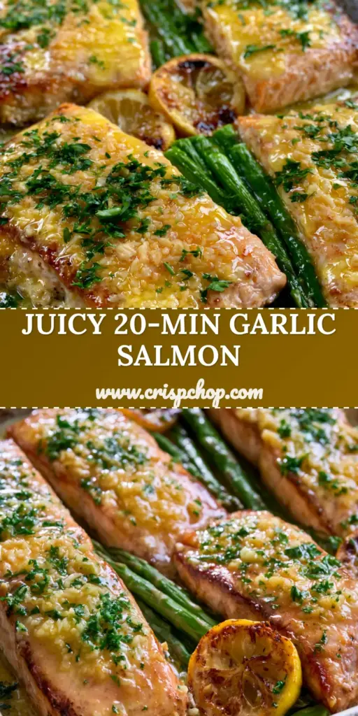 A top-down shot of Baked Lemon Garlic Butter Salmon on a silver sheet pan with charred lemons and asparagus.