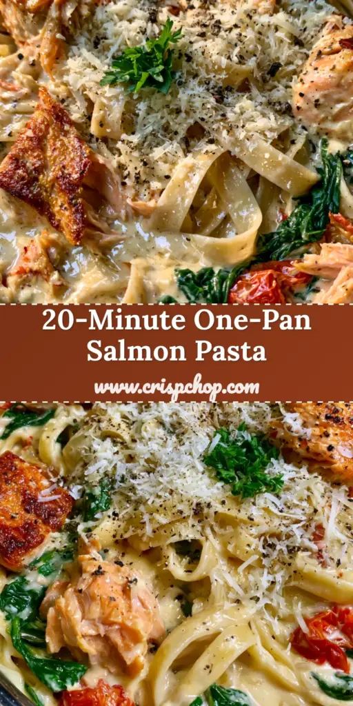 Overhead view of a stainless steel skillet filled with creamy salmon pasta, blistered tomatoes, and spinach. (creamy salmon pasta)