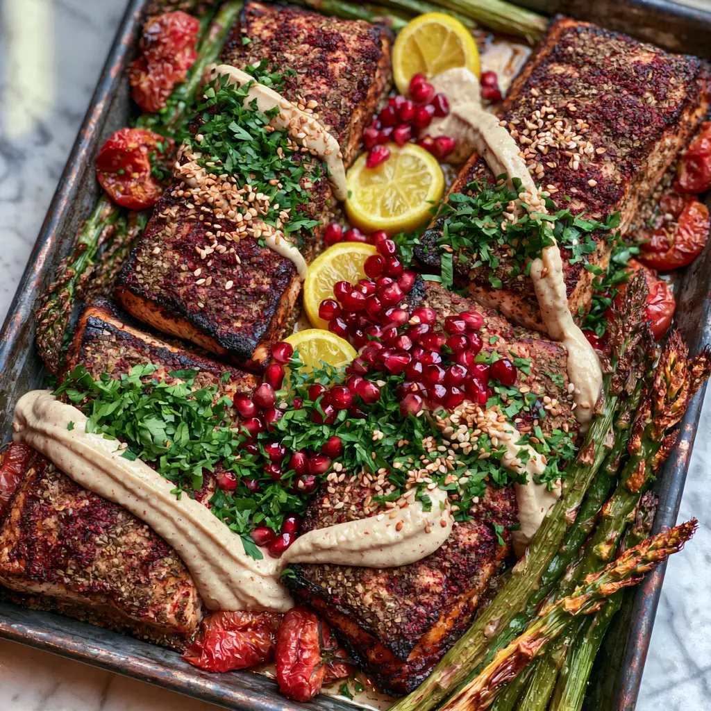 A dark metal sheet pan containing four Middle Eastern Baked Salmon fillets with blistered tomatoes and asparagus. (Middle Eastern Baked Salmon)