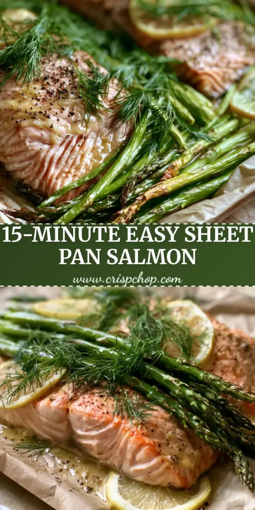 A rustic parchment-lined sheet pan featuring two glistening garlic butter baked salmon fillets with lemon wheels and charred asparagus spears. (baked salmon with lemon and dill)