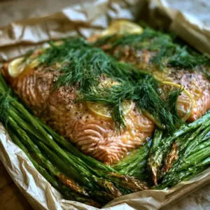 Handheld photo of flaky oven-baked salmon with lemon wheels and charred asparagus on parchment paper. (baked salmon with lemon and dill)