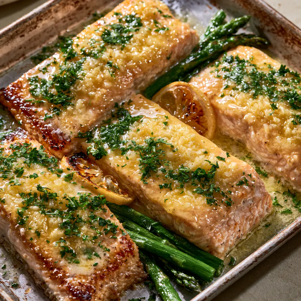 A rustic metal sheet pan filled with flaky salmon, charred lemon wheels, and bright green asparagus. (Baked Lemon Garlic Butter Salmon)