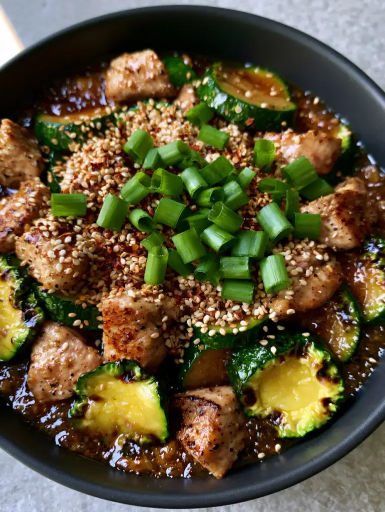Chicken Zucchini Stir Fry with a Shimmering Garlic Ginger Glaze 1 Overhead view of Chicken Zucchini Stir Fry garnished with toasted sesame seeds and bright green scallions in a modern matte black bowl.