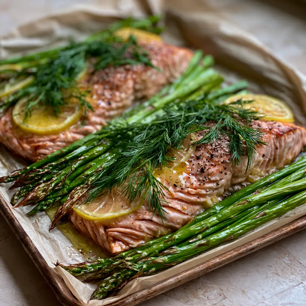 Close-up of slender green asparagus with charred tips next to a salmon fillet garnished with dill and cracked black pepper.