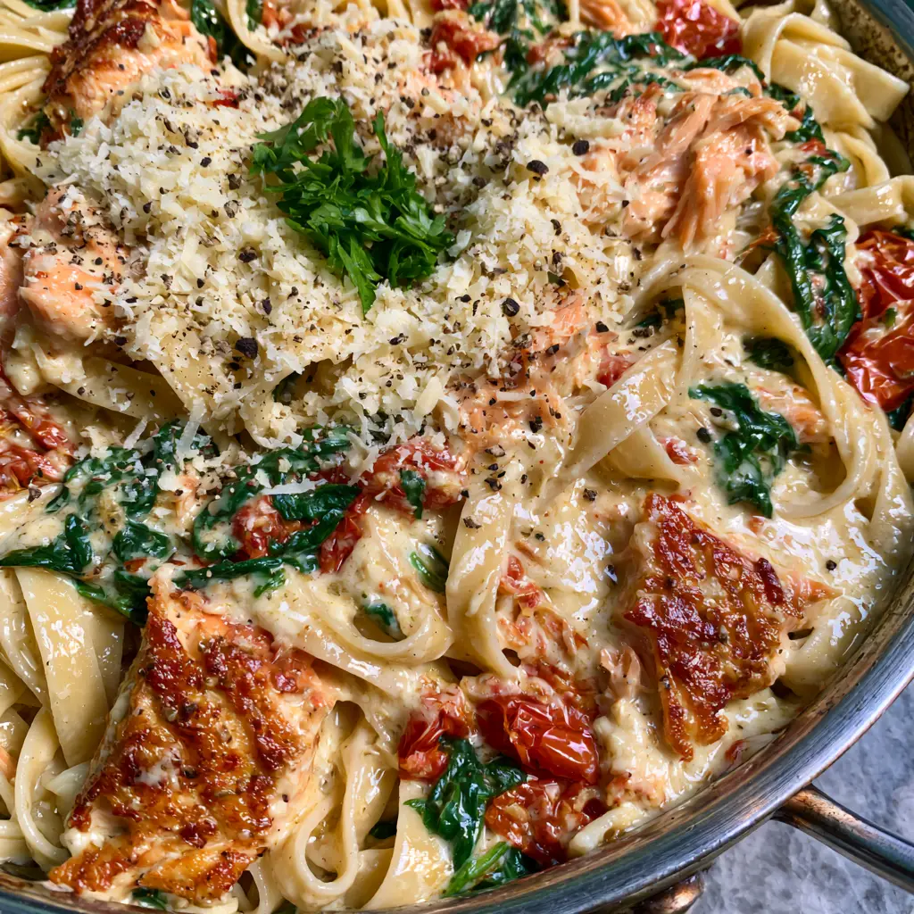 Close up of caramelized salmon chunks and microplaned parmesan over creamy pasta with spinach.