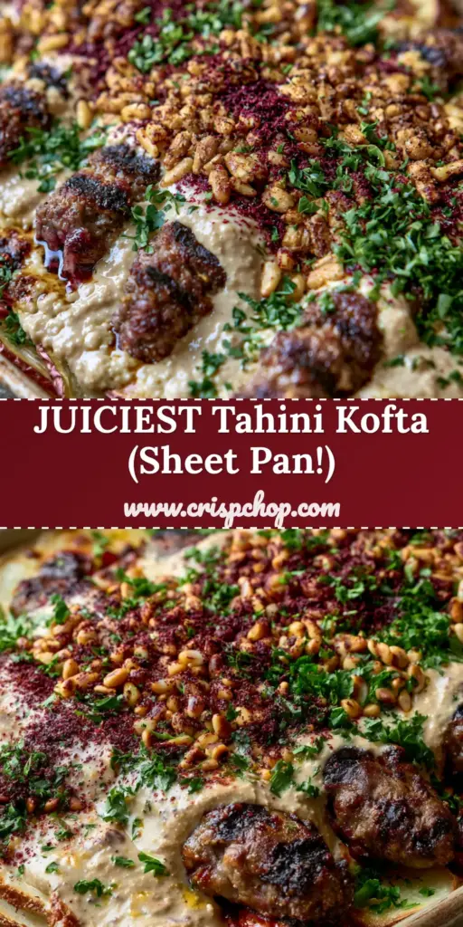 An extreme close-up of Palestinian tahini kofta on a rustic sheet pan with bubbling sauce and pine nuts. (tahini kofta)