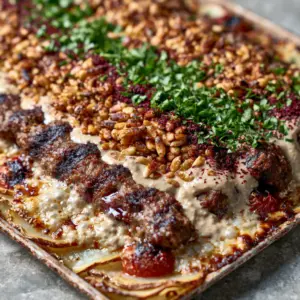 Macro shot of seared beef and lamb kebabs with visible grill marks and tahini sauce. (tahini kofta)