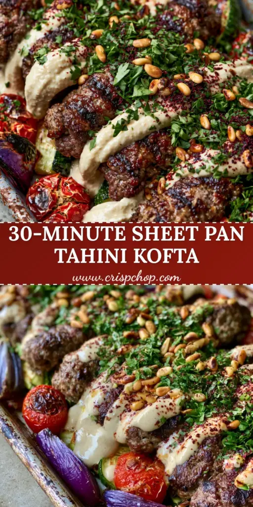 A high-angle photo of Tahini Kofta on a rustic metal sheet pan with blistered tomatoes, zucchini, and ivory tahini drizzle.