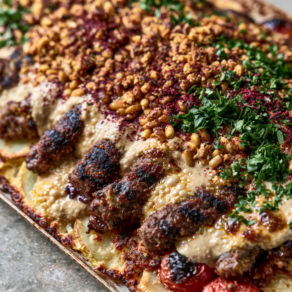 Close up of bubbling pale-beige tahini sauce with charred cherry tomatoes and parsley.