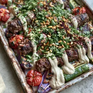 Macro close-up of seared ground beef kofta cylinders with deep brown sear marks and velvety tahini ribbons.