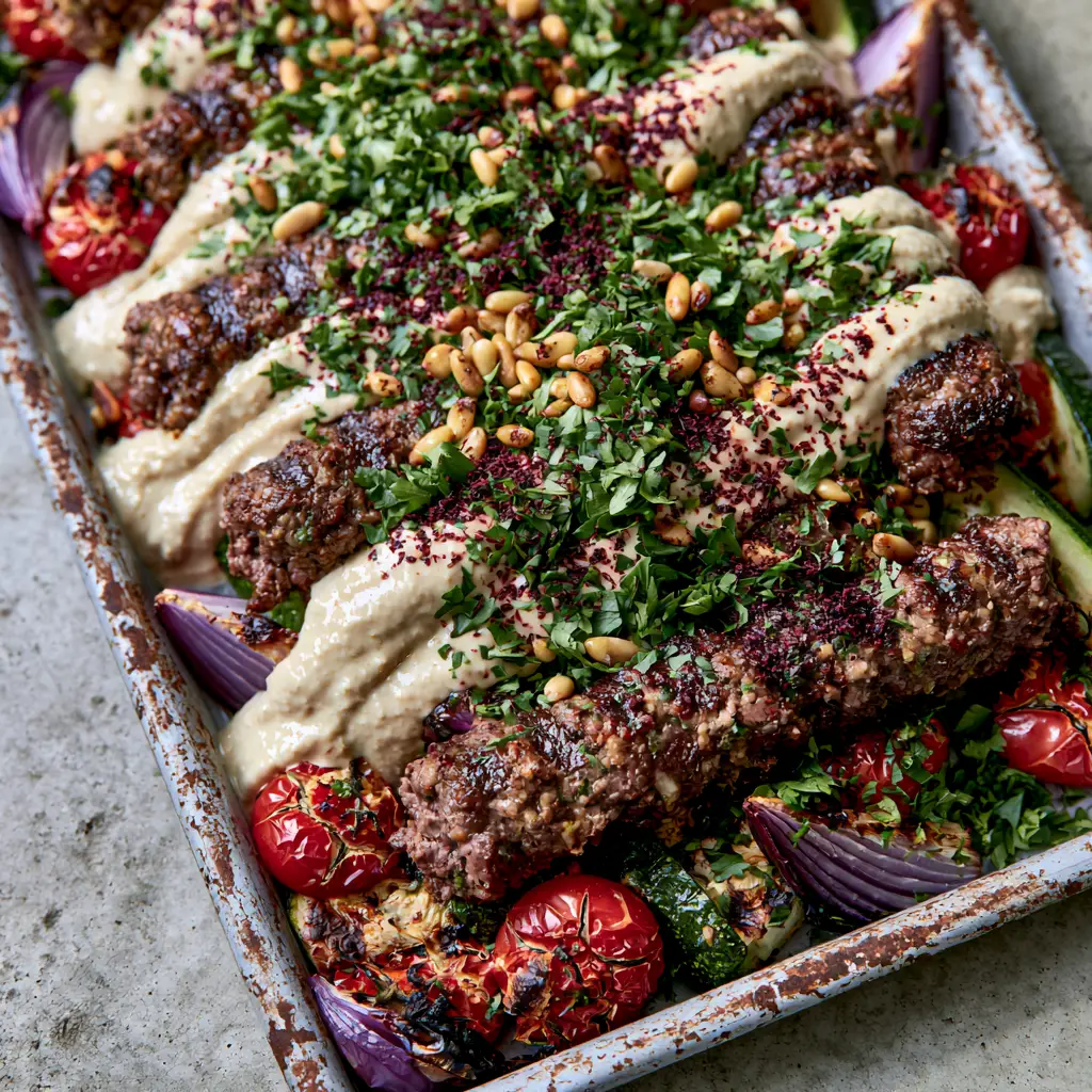 Rustic metal sheet pan featuring Mediterranean Tahini Kofta, charred red onions, and roasted zucchini slices.