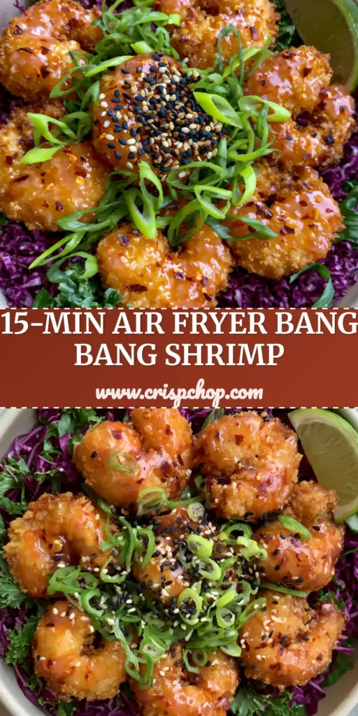 Top-down photo of a Bang Bang shrimp recipe bowl with crispy panko-breaded shrimp in a glossy orange-pink chili glaze over purple cabbage and green kale.