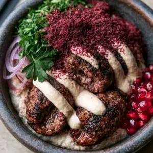 Macro view of glistening middle eastern kofta with a zig-zag of pale-ivory tahini sauce and sumac.