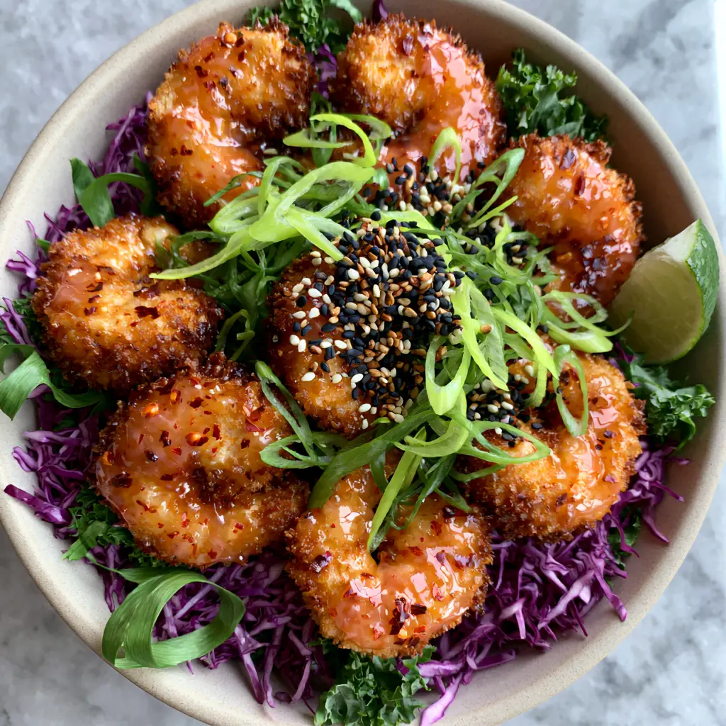A shallow matte ceramic bowl containing glossy Bang Bang shrimp garnished with neon-green scallions and toasted sesame seeds on a marble background.