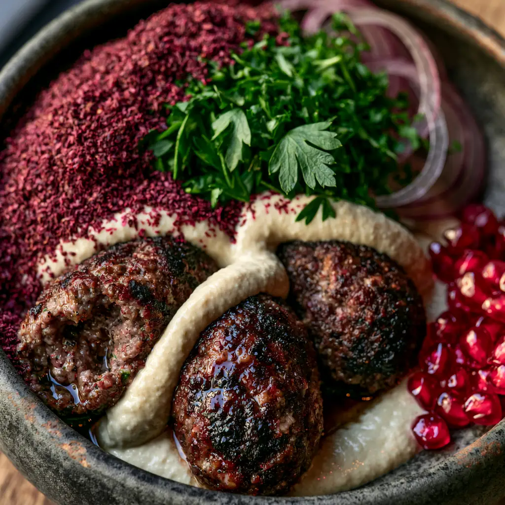 A rustic charcoal bowl filled with middle eastern kofta, vibrant green parsley, and ruby red pomegranate seeds.
