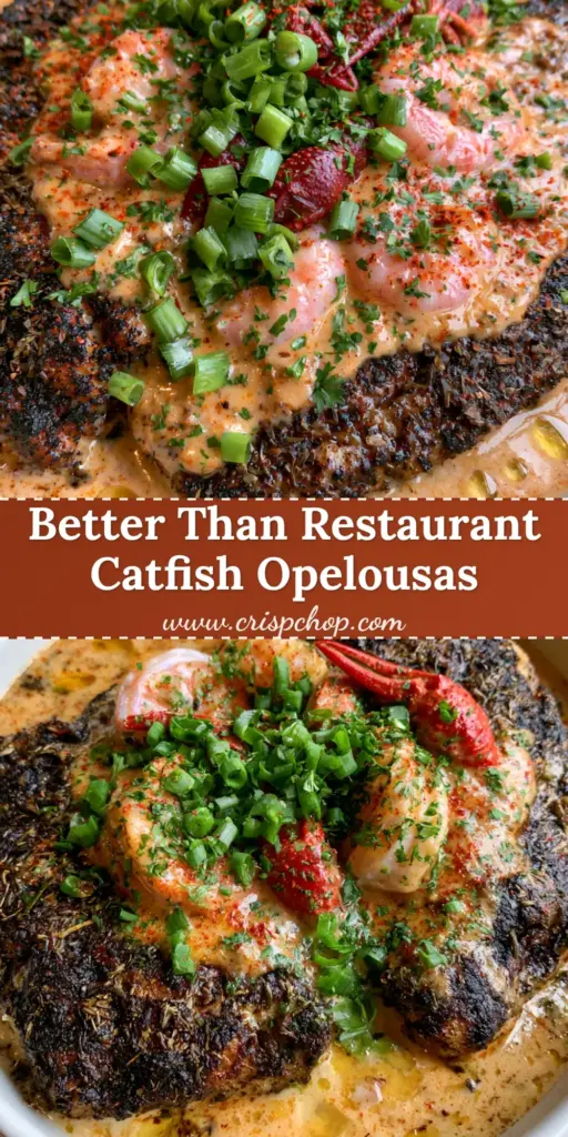 A top-down macro shot of Catfish Opelousas in a shallow white bowl, featuring blackened fish, shrimp, and crawfish in a peachy-orange cream sauce.