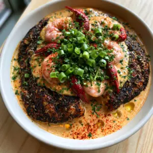 Close up of blackened catfish fillets smothered in a thick pale-orange Opelousas sauce with jumbo shrimp. (Catfish Opelousas)