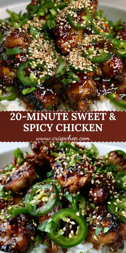 A shallow white bowl filled with Asian Jalapeno Chicken featuring charred chicken thighs in a dark mahogany glaze, topped with green jalapeno rounds and sesame seeds. (Asian Jalapeno Chicken)