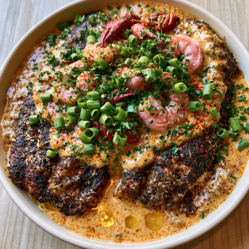 Overhead view of Catfish Opelousas garnished with green onions and parsley in a white ceramic bowl.