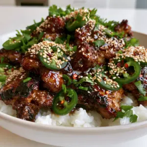 Close-up handheld photo of charred chicken thigh pieces drenched in a shimmering dark umami glaze with fresh jalapenos. (Asian Jalapeno Chicken)