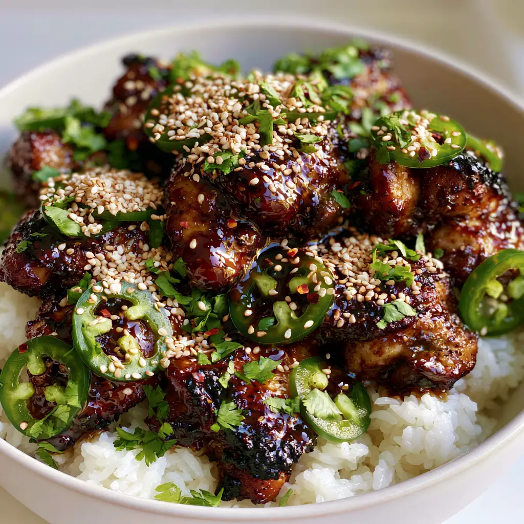 Asian Jalapeno Chicken served over a bed of steaming white jasmine rice in a minimalist kitchen setting.