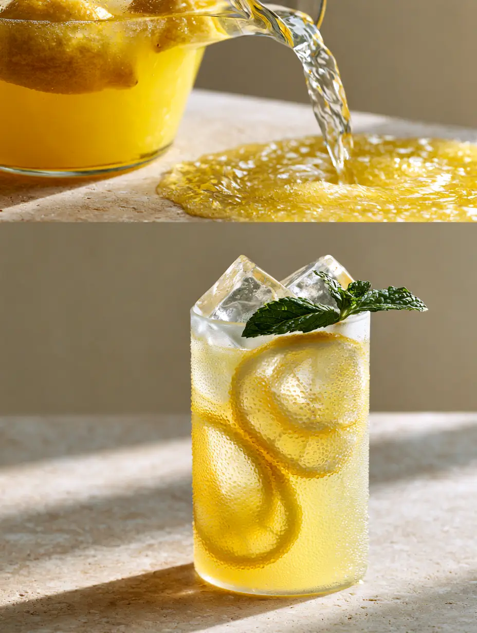 Split screen view showing simple syrup swirling into fresh lemon juice and a tall glass of lemonade with condensation droplets. (Classic Lemonade)
