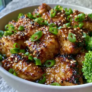 Extreme close up of asian style chicken with charred edges and a translucent amber glaze, featuring red chili flakes and sesame seeds.