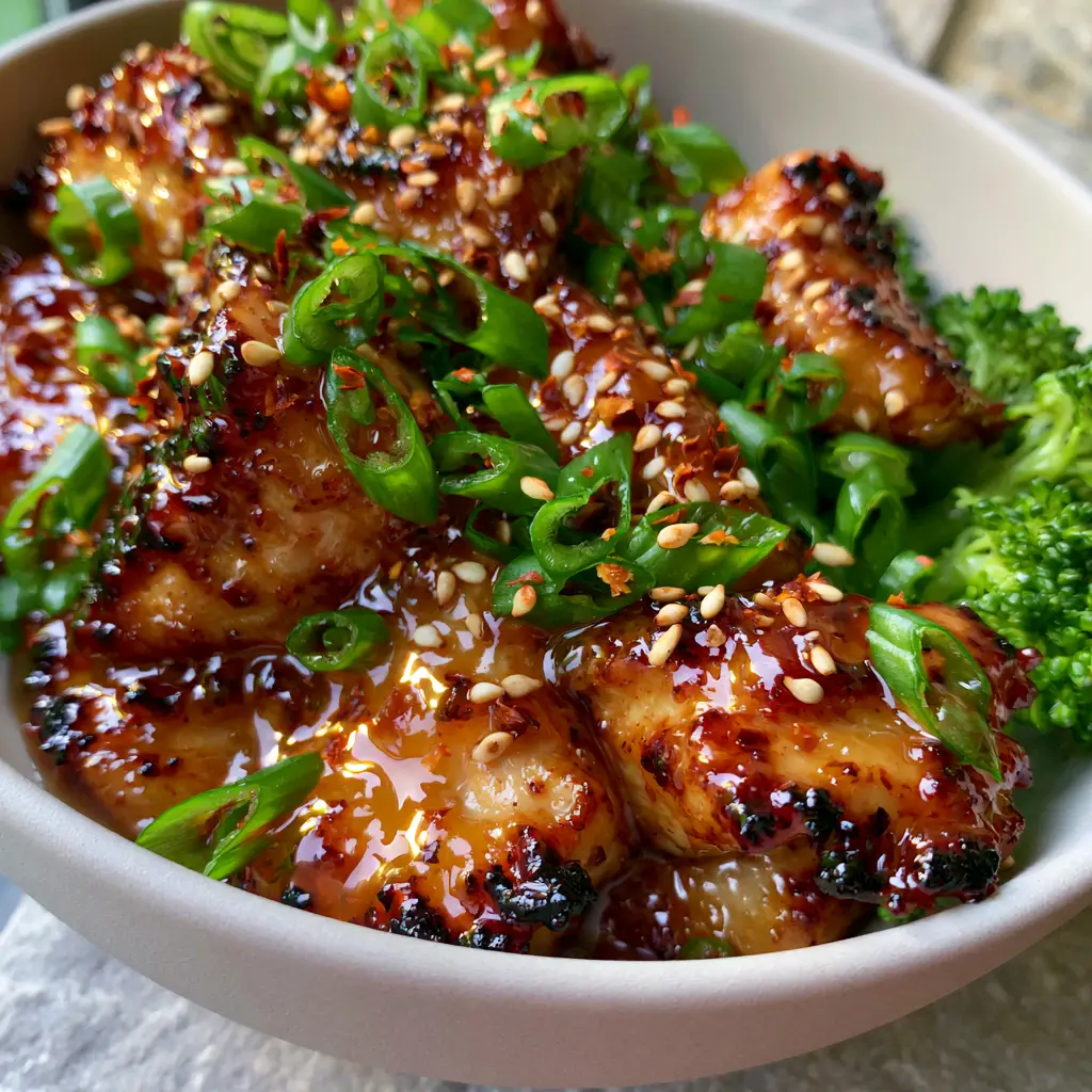 Smartphone photo of asian style chicken in a matte white bowl with bright green broccoli on a stone countertop.