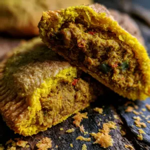 Macro shot of Jamaican Curry Chicken Patties snapped in half, revealing steaming minced chicken and hundreds of buttery laminated dough layers. (Jamaican Curry Chicken Patties)