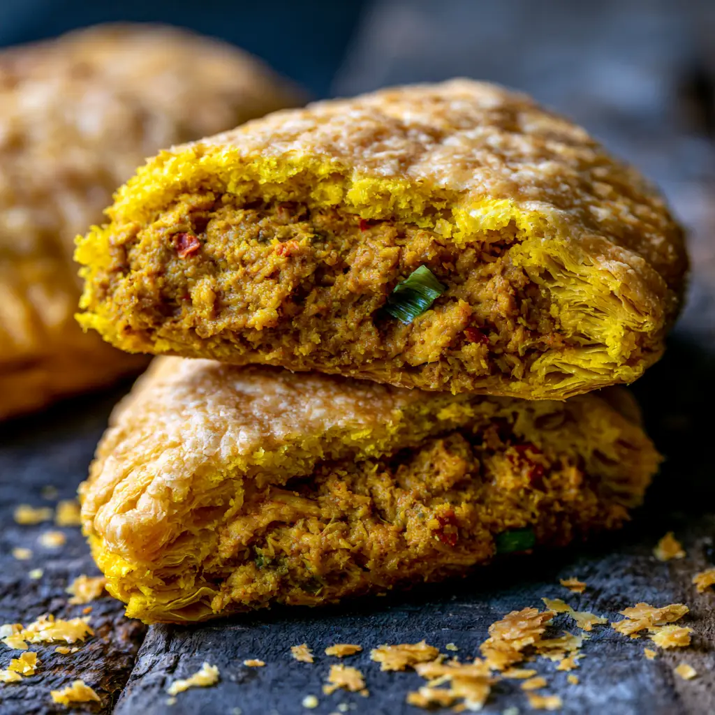 Extreme close-up of the savory golden-brown curry sauce and minced chicken inside Jamaican Curry Chicken Patties with flecks of scotch bonnet and scallions.